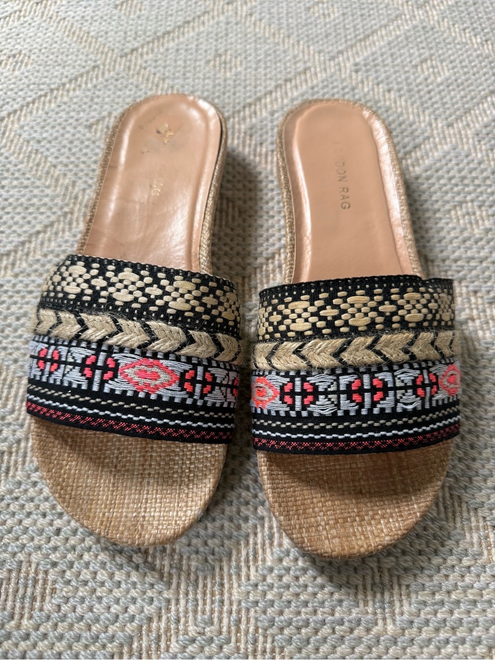 Embroidered Natural Slide Sandals with Black Trim